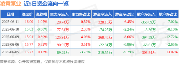 好牛配资 股票行情快报：凌霄泵业（002884）6月11日主力资金净买入28.74万元